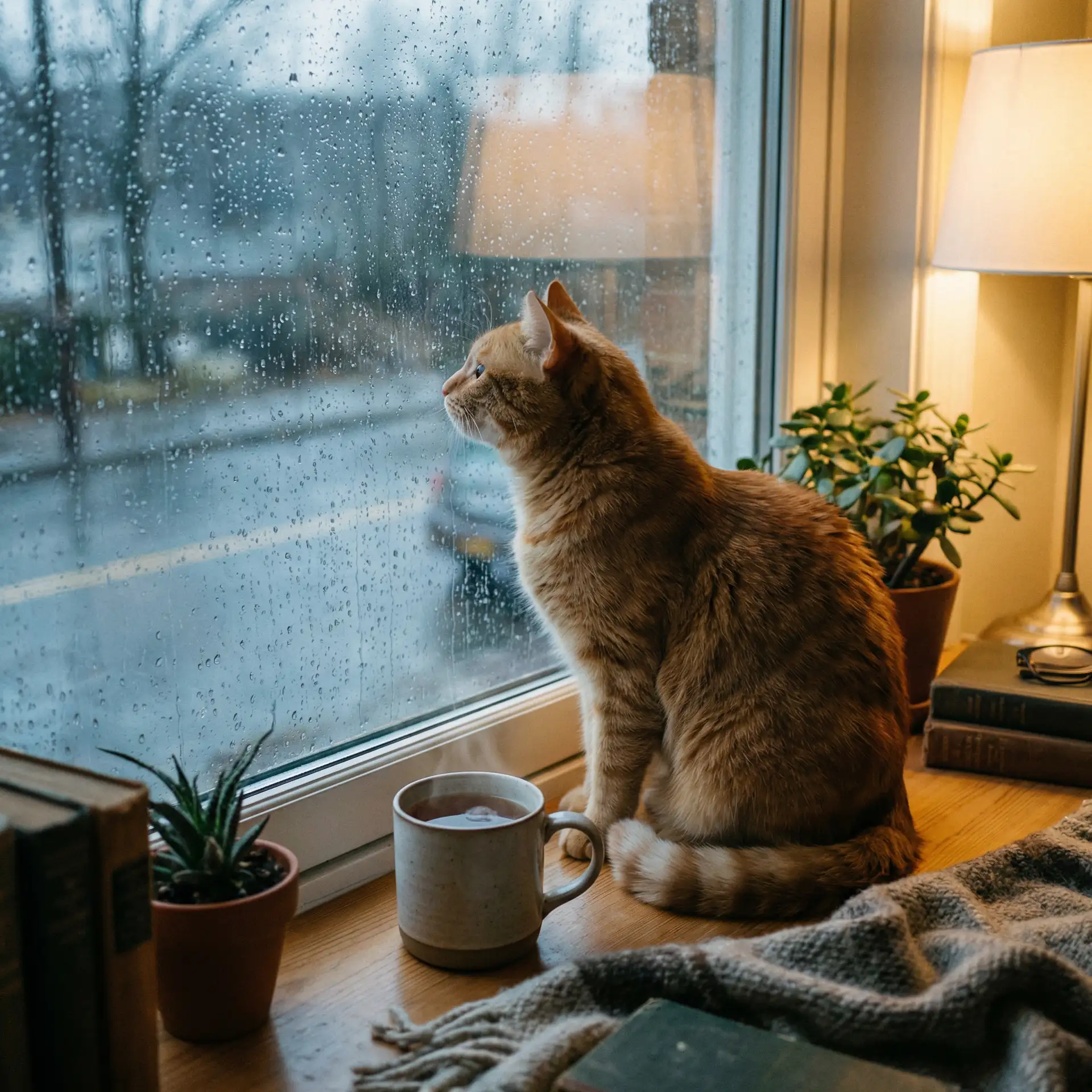 猫咪望着窗外的雨 - 谷歌